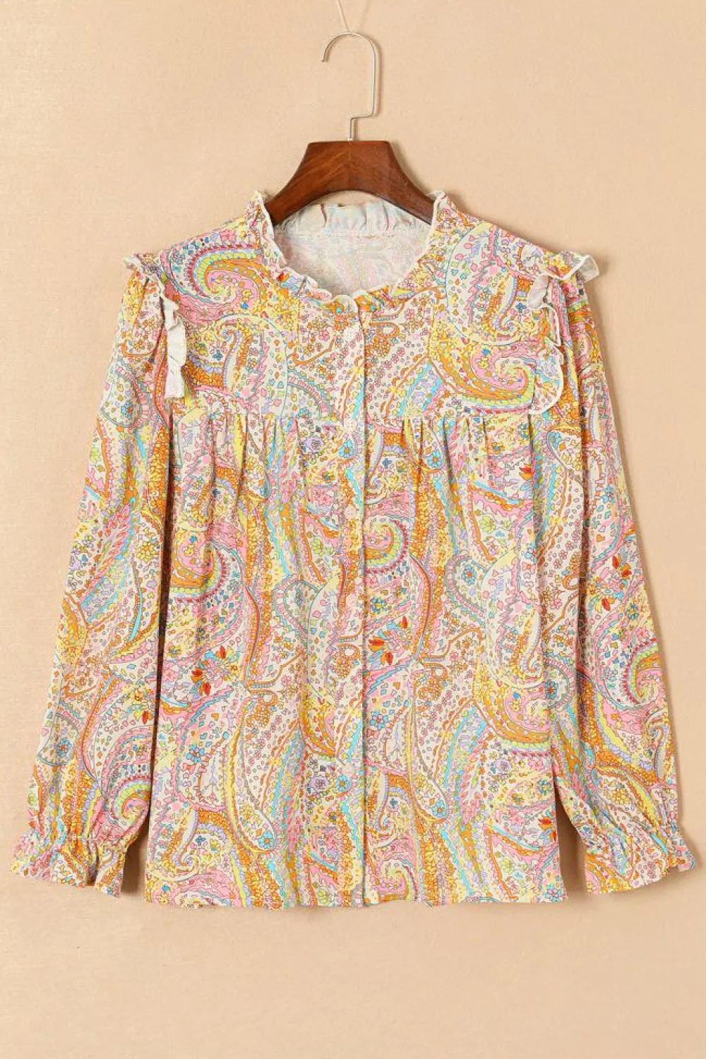 Discount Dear-Lover Paisley Print Ruffled Trim Boho Shirt Yellow
