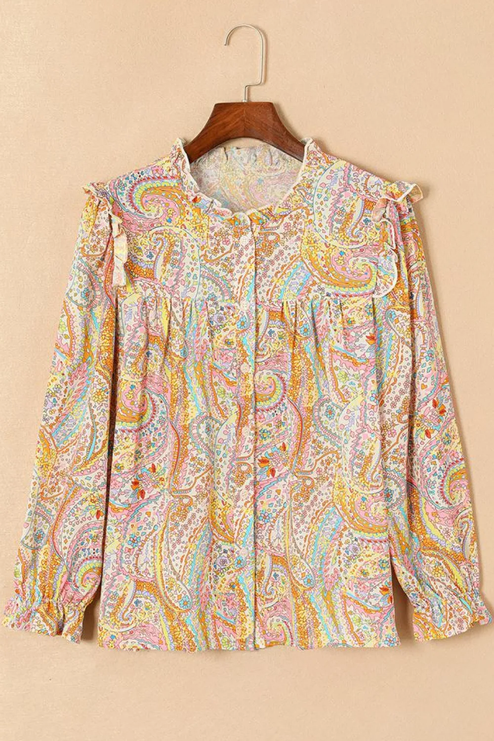 Discount Dear-Lover Paisley Print Ruffled Trim Boho Shirt Yellow