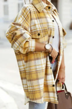 Fashion Dear-Lover Plaid Flap Pocket Long Sleeve Shacket Yellow
