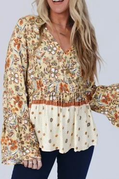 Outlet Dear-Lover Floral Bell Sleeve V Neck Wrapped Contrast Peplum Blouse Yellow Printed