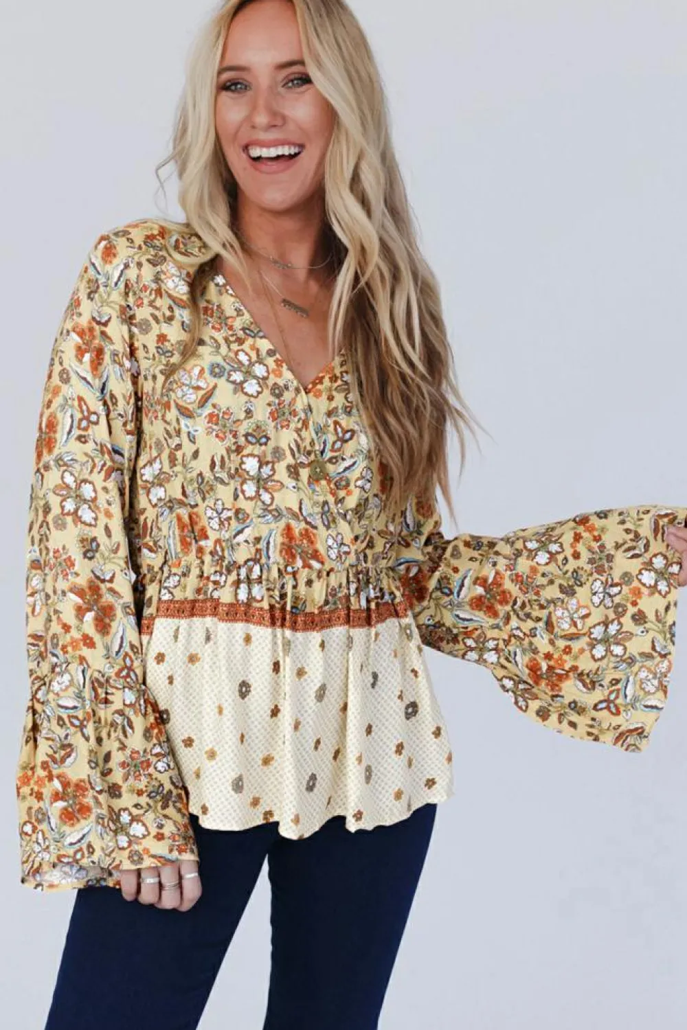 Outlet Dear-Lover Floral Bell Sleeve V Neck Wrapped Contrast Peplum Blouse Yellow Printed
