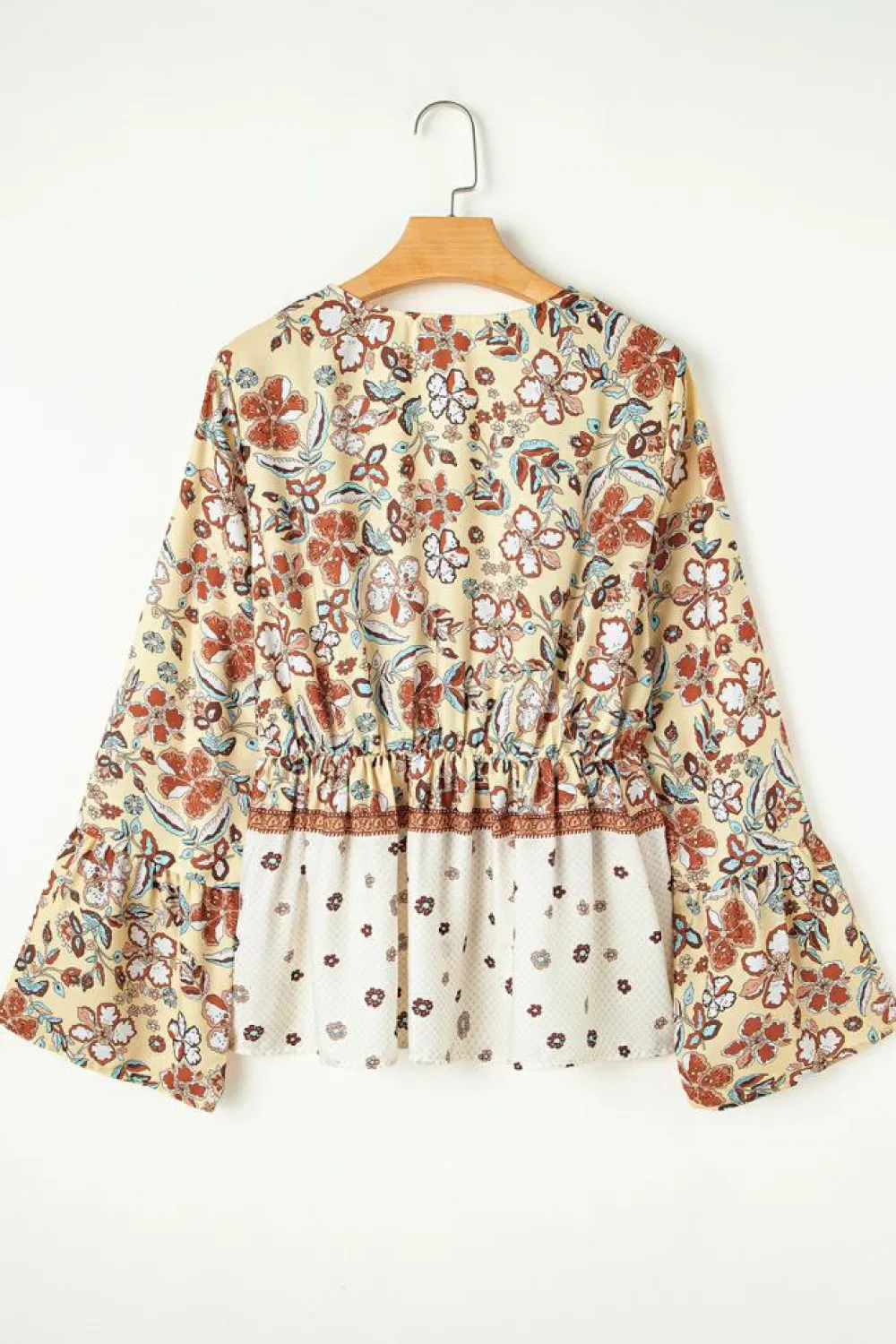 Outlet Dear-Lover Floral Bell Sleeve V Neck Wrapped Contrast Peplum Blouse Yellow Printed