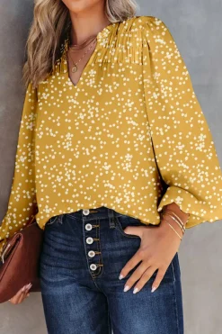 New Dear-Lover Split Neck Fall Printed Crinkled Blouse Yellow