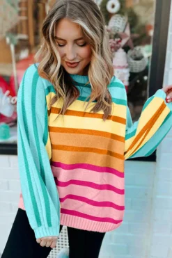 Fashion Dear-Lover Gradient Striped Ribbed Edge Loose Sweater Yellow Stripe