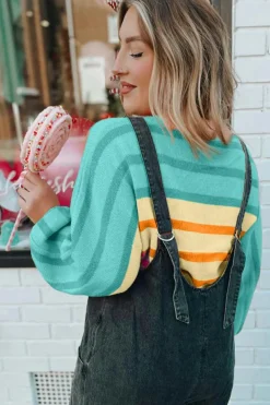 Fashion Dear-Lover Gradient Striped Ribbed Edge Loose Sweater Yellow Stripe