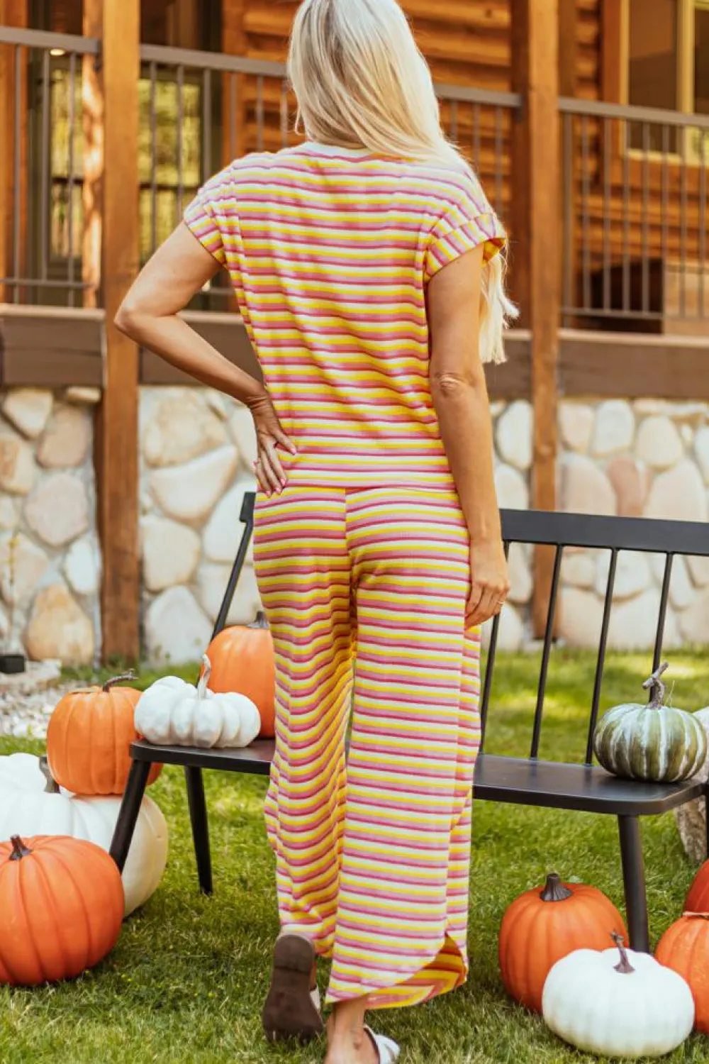 Sale Dear-Lover Rainbow Tee Tasseled String Wide Leg Pants Set Yellow Stripe