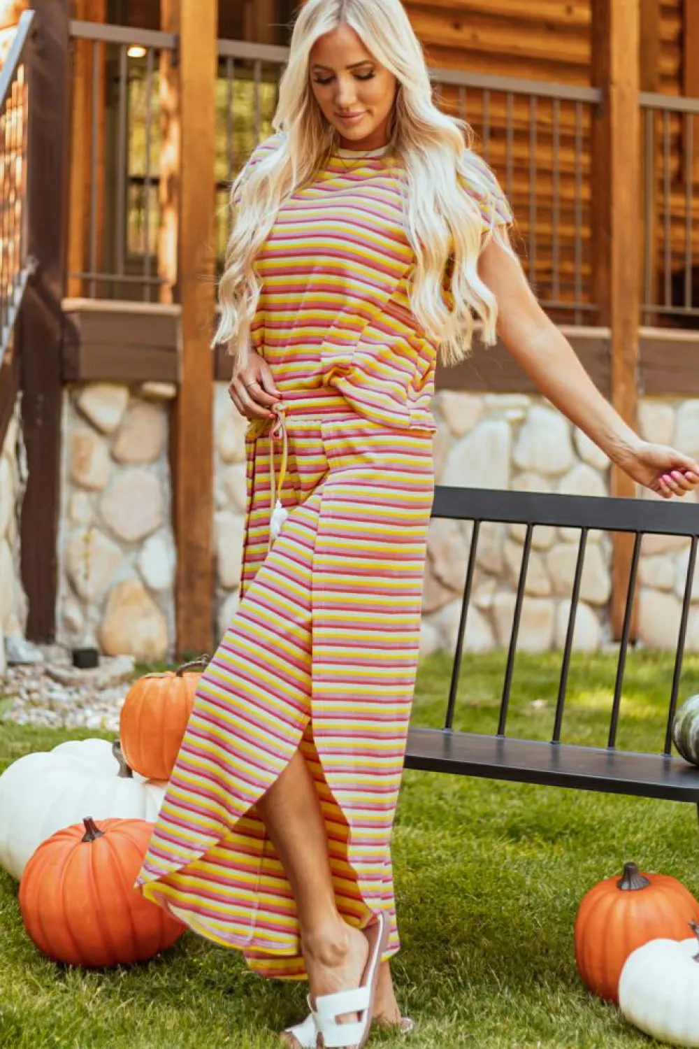 Sale Dear-Lover Rainbow Tee Tasseled String Wide Leg Pants Set Yellow Stripe