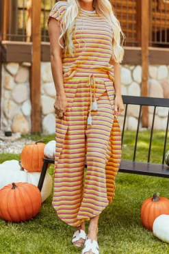 Sale Dear-Lover Rainbow Tee Tasseled String Wide Leg Pants Set Yellow Stripe