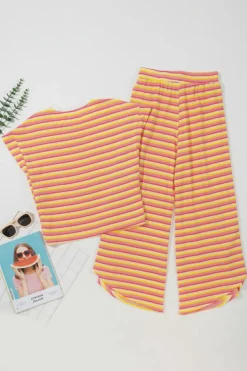 Sale Dear-Lover Rainbow Tee Tasseled String Wide Leg Pants Set Yellow Stripe