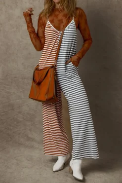 Discount Dear-Lover Two Tone Contrast Spaghetti Strap Backless Overall Yellow Stripe