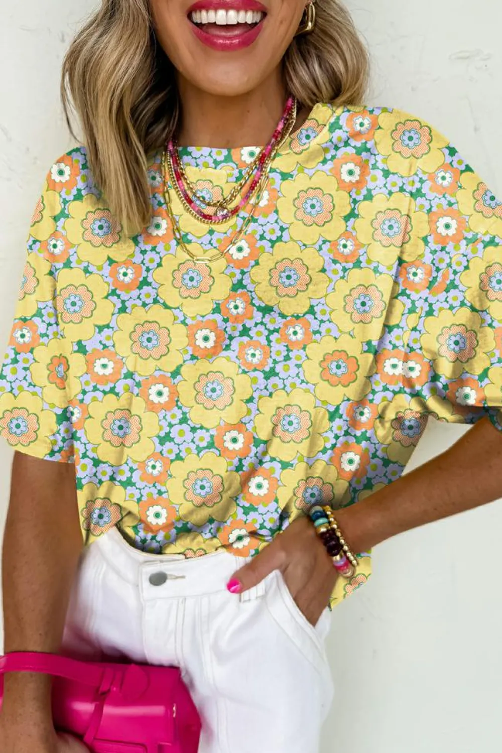 Clearance Dear-Lover Summer Flower Printed Drop Shoulder Loose T Shirt Yellow