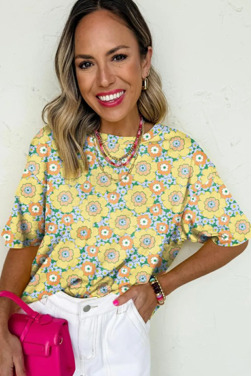 Clearance Dear-Lover Summer Flower Printed Drop Shoulder Loose T Shirt Yellow