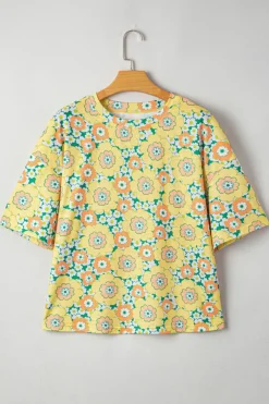 Clearance Dear-Lover Summer Flower Printed Drop Shoulder Loose T Shirt Yellow