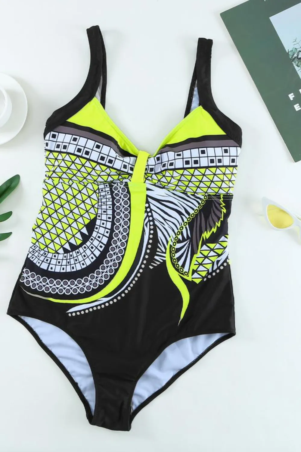 New Dear-Lover Tribal Print One Piece Swimsuit Yellow