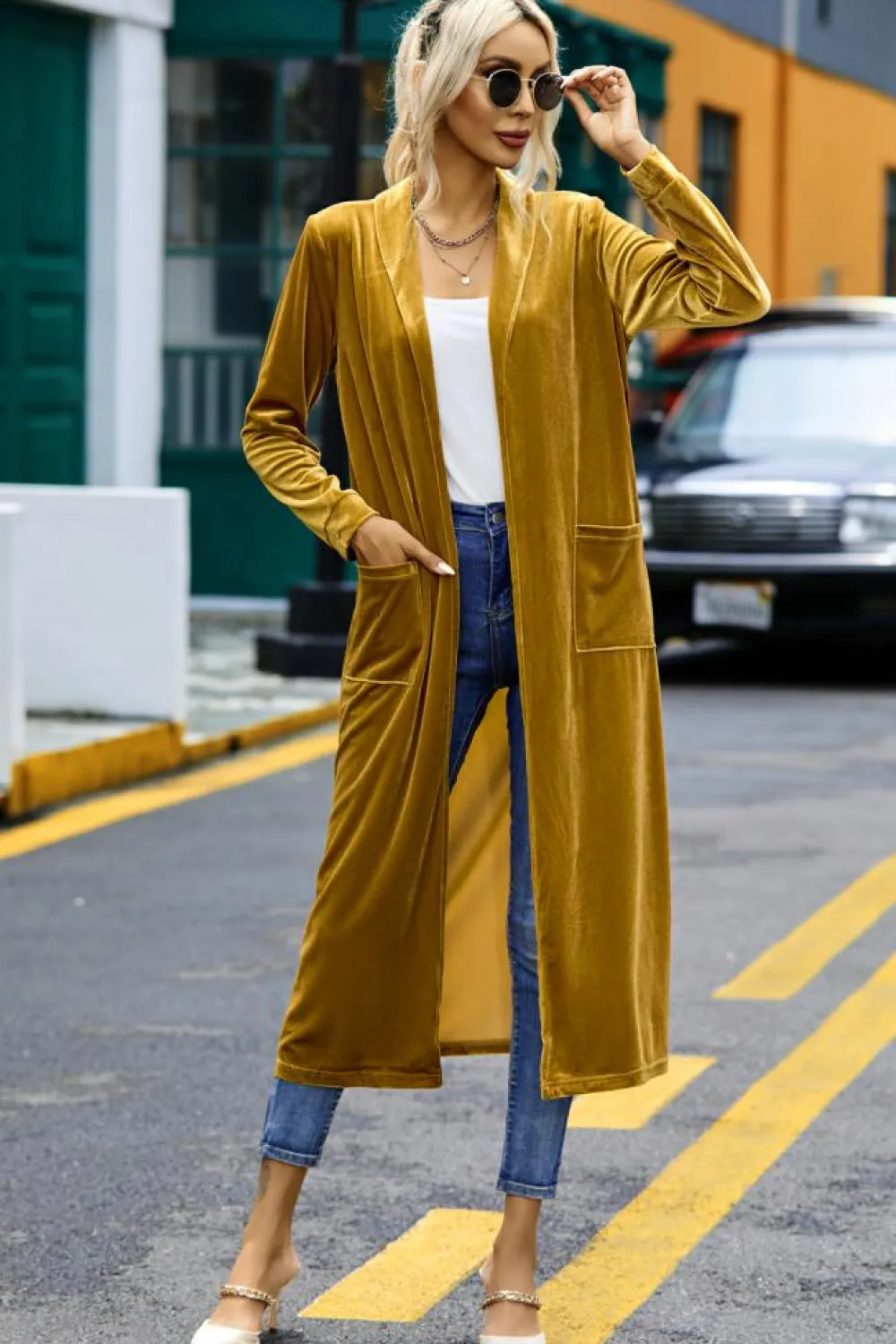 Outlet Dear-Lover Velvet Open Front Pocketed Long Duster Yellow