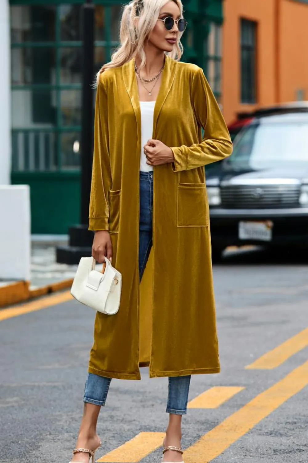 Outlet Dear-Lover Velvet Open Front Pocketed Long Duster Yellow
