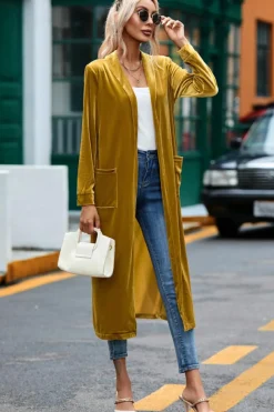 Outlet Dear-Lover Velvet Open Front Pocketed Long Duster Yellow