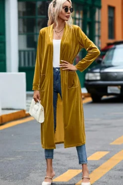 Outlet Dear-Lover Velvet Open Front Pocketed Long Duster Yellow