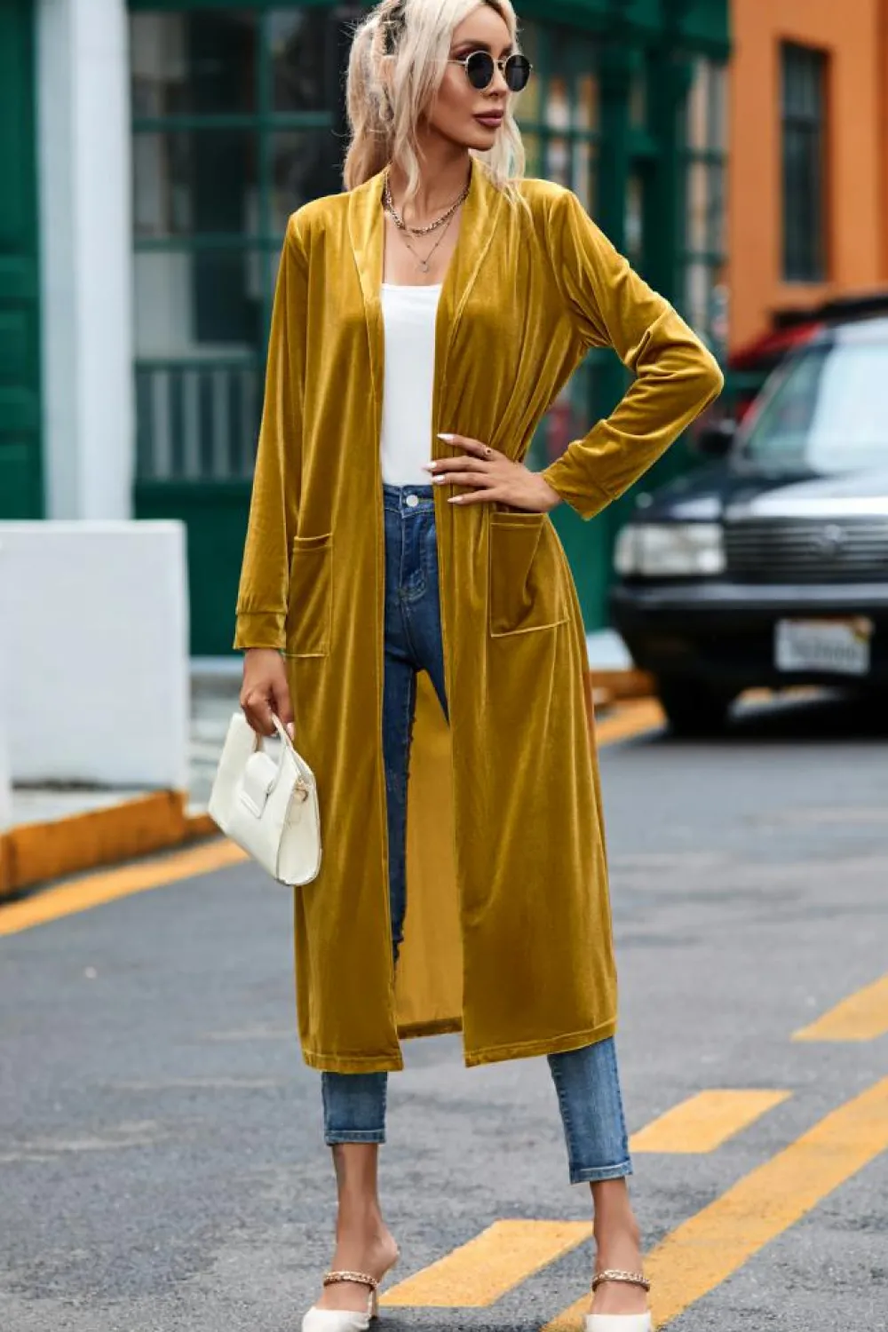 Outlet Dear-Lover Velvet Open Front Pocketed Long Duster Yellow