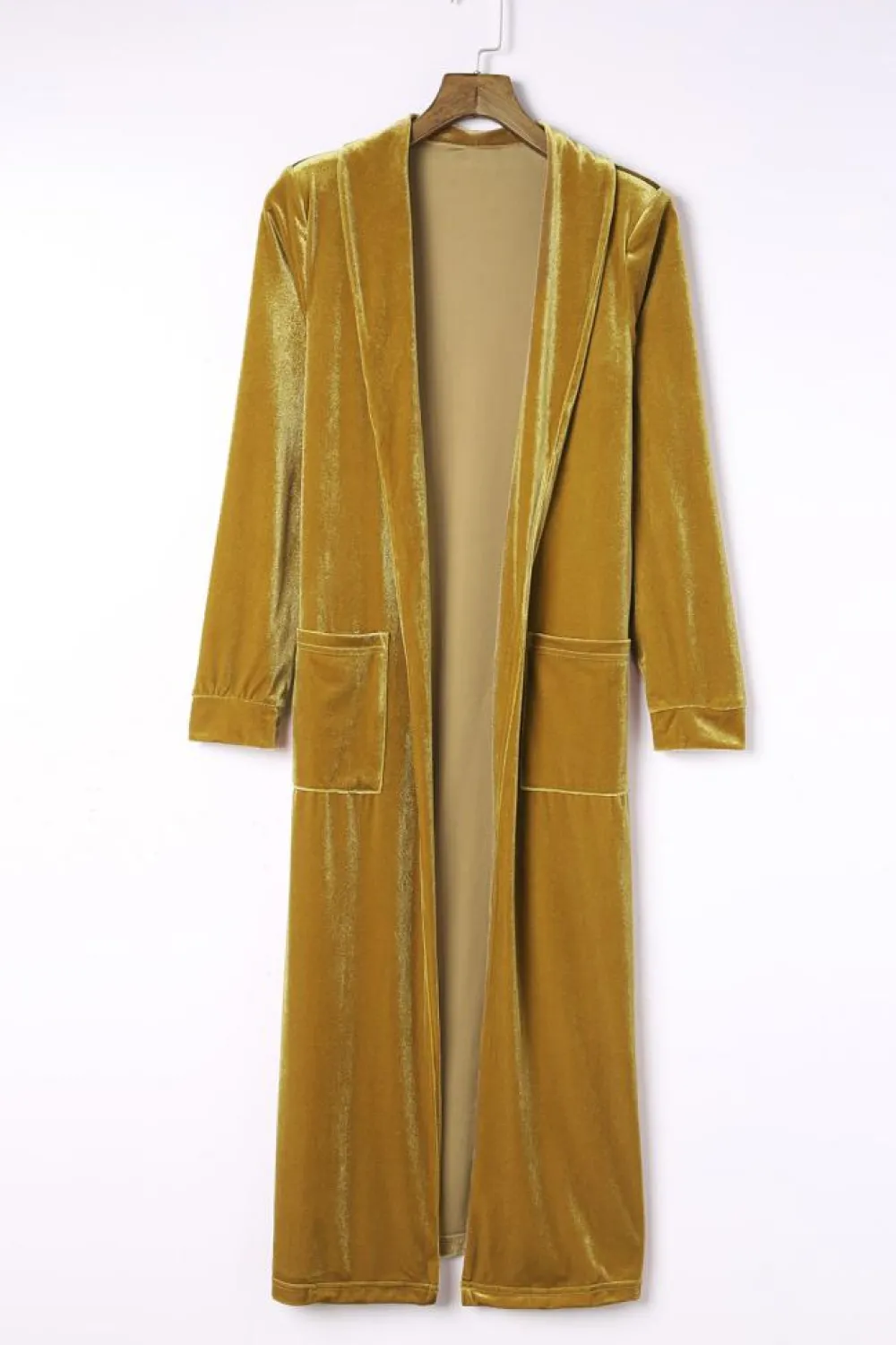 Outlet Dear-Lover Velvet Open Front Pocketed Long Duster Yellow