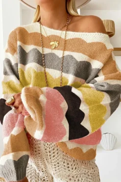 Discount Dear-Lover Wave Striped Balloon Sleeve Drop Shoulder Sweater Yellow