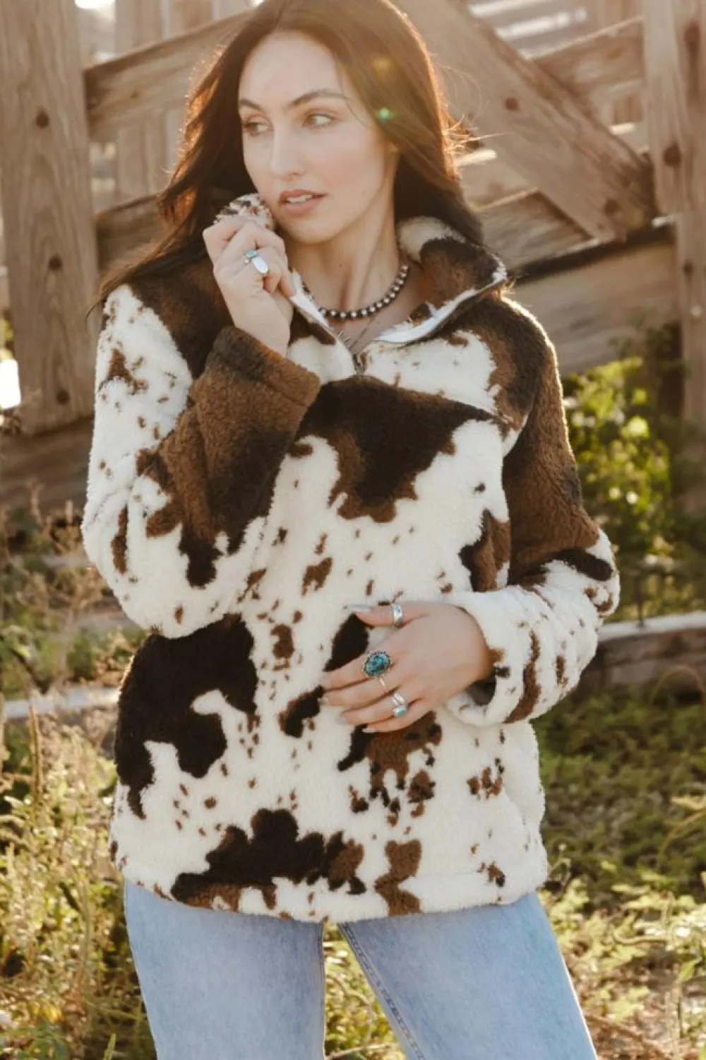 Discount Dear-Lover Zip Collar Cow Print Fleece Sweatshirt White