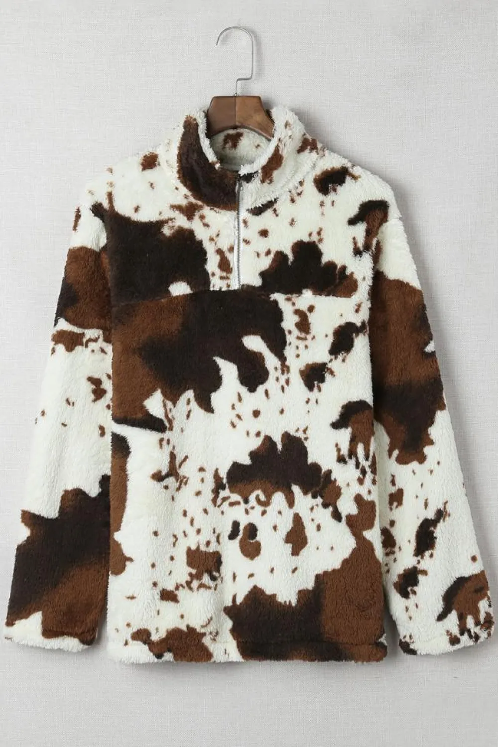 Discount Dear-Lover Zip Collar Cow Print Fleece Sweatshirt White