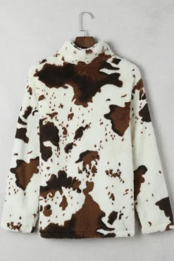 Discount Dear-Lover Zip Collar Cow Print Fleece Sweatshirt White